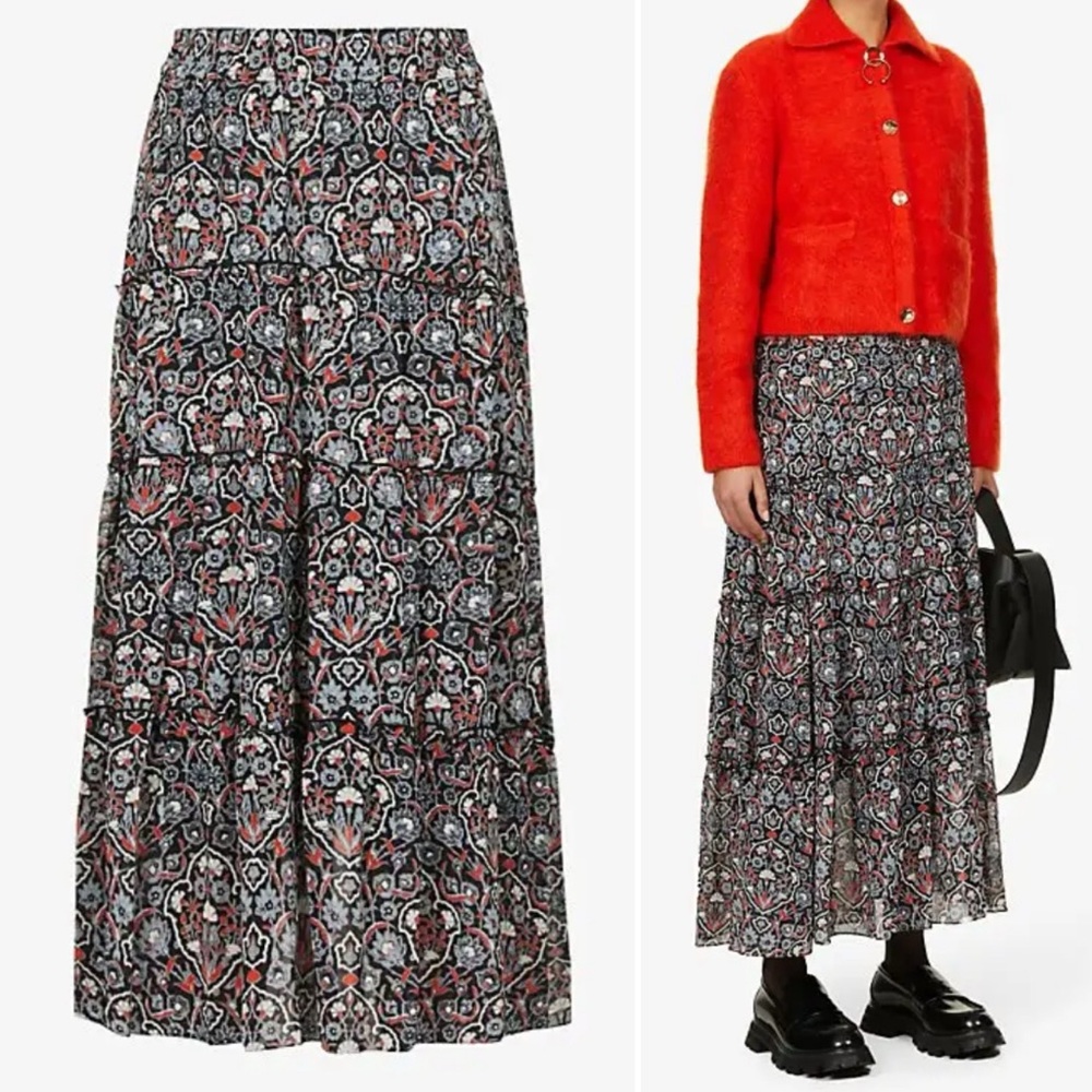 ME+EM Black, White and Red Floral Tiered Maxi Skirt
